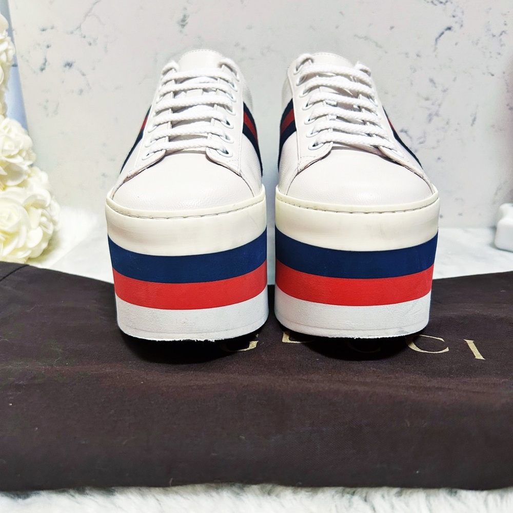 Authentic Gucci Web Striped Peggy Platform Sneake… - image 6